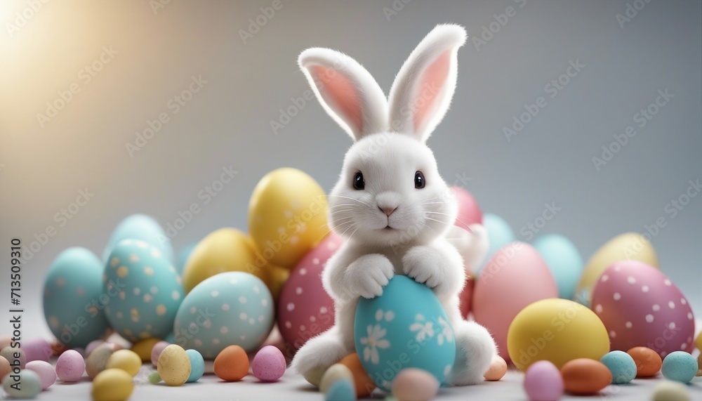 Happy Easter Bunny with many colorful easter eggs, white background Happy Easter Bunny with many colorful easter eggs, white background