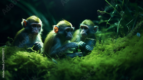 Monkeys are sitting on the green neon ai generative photo