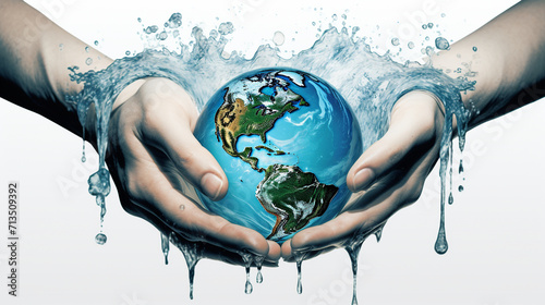 two hands are holding an earth globe in the water, in the style of precisionist art, photo