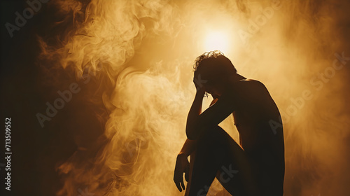 Stock photograph of one man having anxiety attack, burnout, stress. Mental helath.