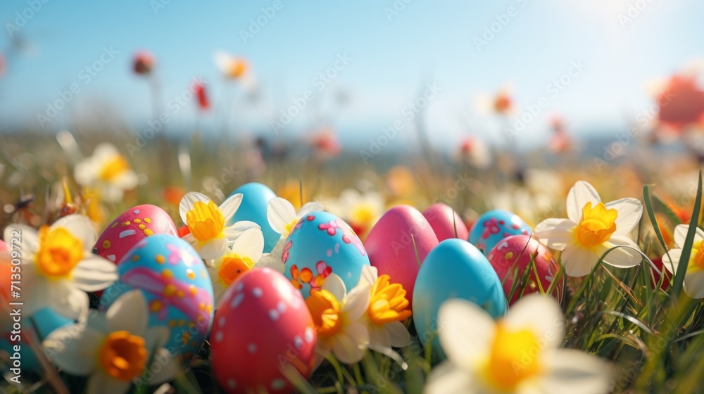 Colorful easter eggs on a meadow with daffodils