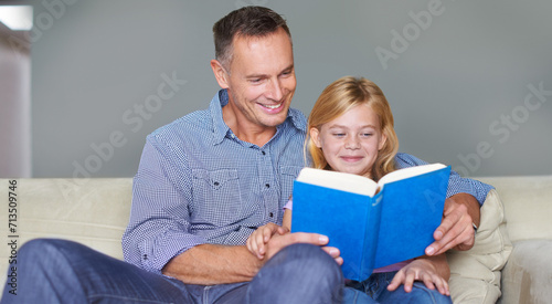 Father, child and reading book for education at home, story and fantasy fiction for learning. Daddy, daughter and bonding together in childhood, literacy and storytelling for language development