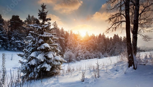 Sunset on a snowy forest with Christmas trees.
