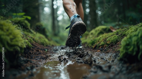 runner shoes making their way through a muddy path generative ai