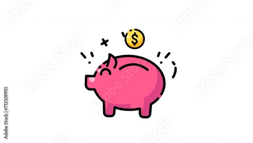 Animated piggy bank, gold coin bounce. Suitable for financial, savings, investment, banking, money management, and educational concepts. (ID: 713509951)