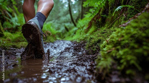 runner shoes making their way through a muddy path generative ai