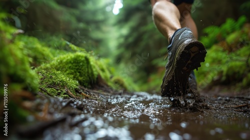 runner shoes making their way through a muddy path generative ai photo