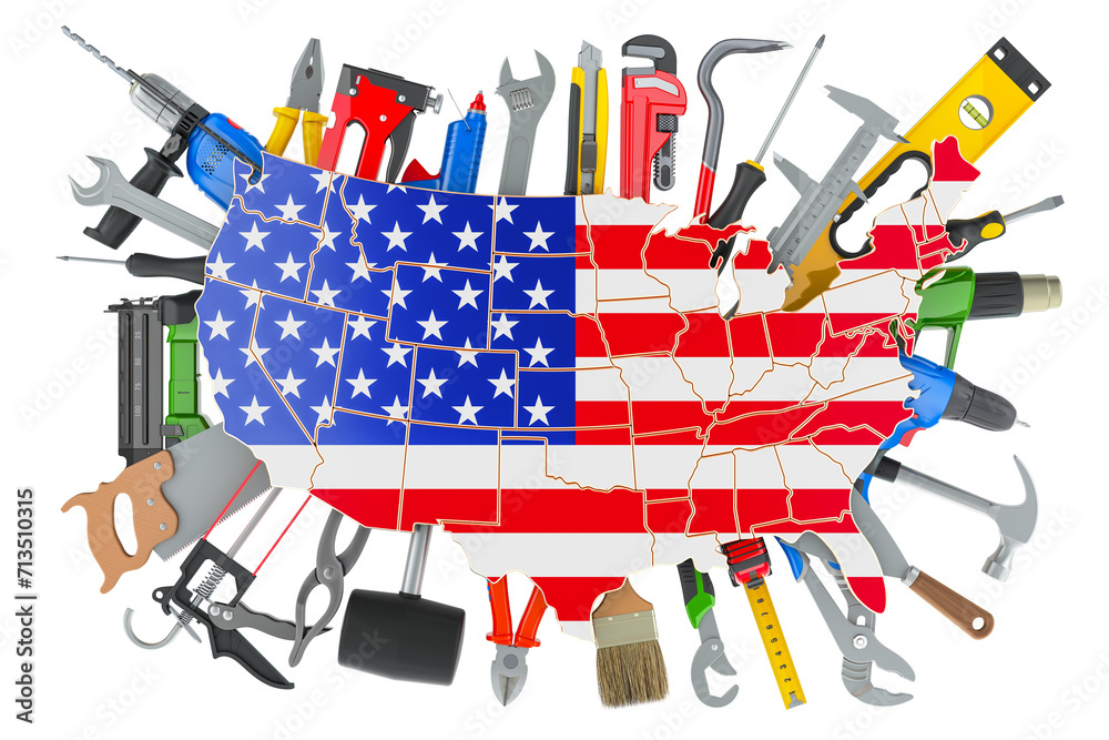 Obraz premium Construction Tools with the USA map. Service and repair in USA concept. 3D rendering isolated on transparent background