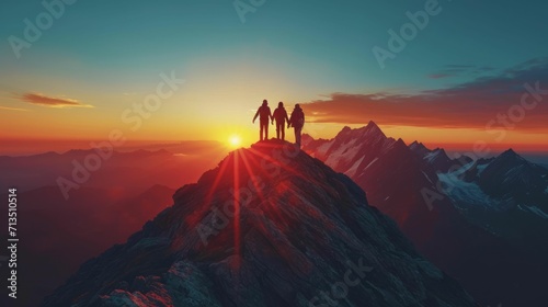 three people are holding hands on top of a mountain, business team concept