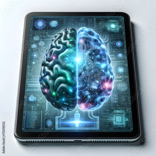 Tablette affichant un cerveau connecté idéal pour article, blogs traitant de : Piraterie, Cyber sécurité, sécurité informatique, virus, hacker, hacking, pirate, attaque et intelligence artificielle photo