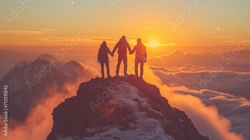 three people are holding hands on top of a mountain, business team concept photo
