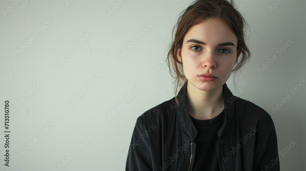 Obraz premium Pensive Young Woman in Black Jacket