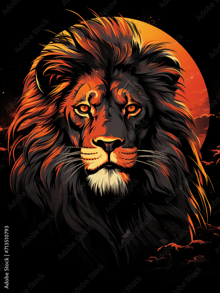 T-shirt design, powerful lion portrait, regal and intense, African savanna background, sunset colors, deep oranges and blacks created with Generative Ai