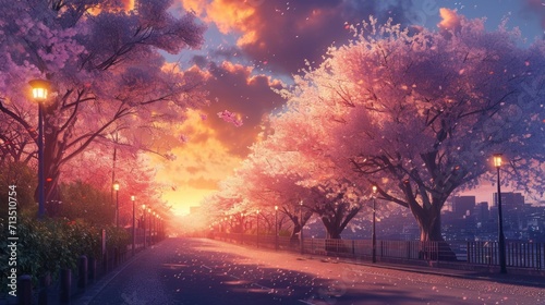 dusk over a park full of sakura flowers, manga style generative ai