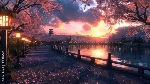 dusk over a park full of sakura flowers  manga style generative ai