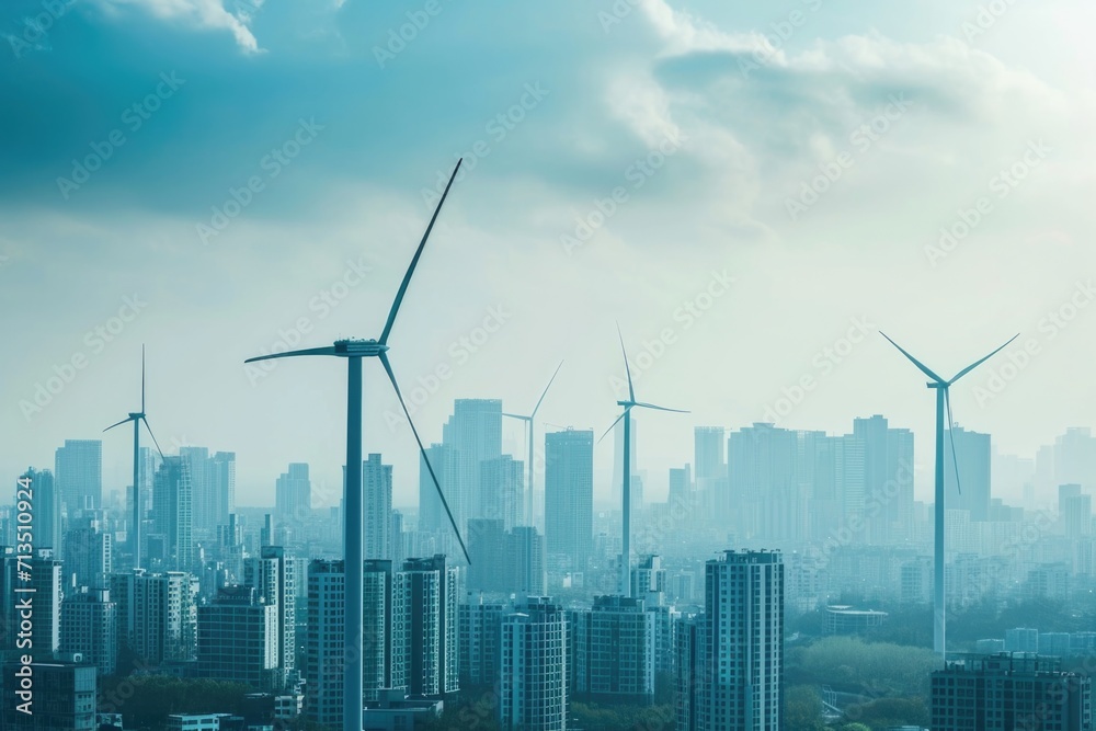 Modern cityscape with futuristic wind turbines blending into the skyline. Renewable energy solutions in urban environments