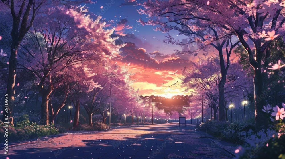 dusk over a park full of sakura flowers, manga style generative ai dusk over a park full of sakura flowers, manga style generative ai