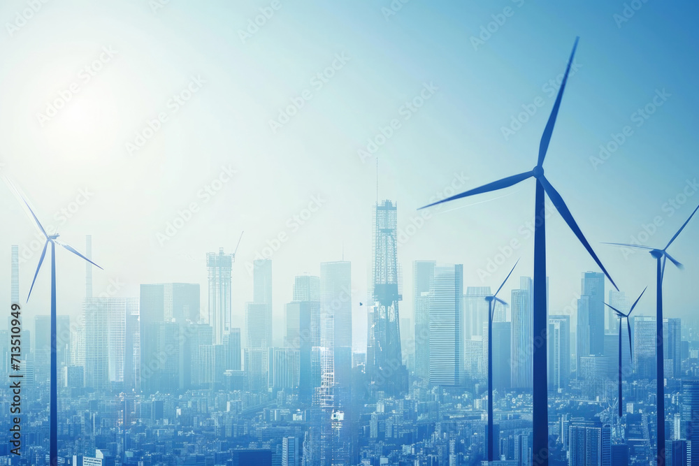 Modern cityscape with futuristic wind turbines blending into the ...