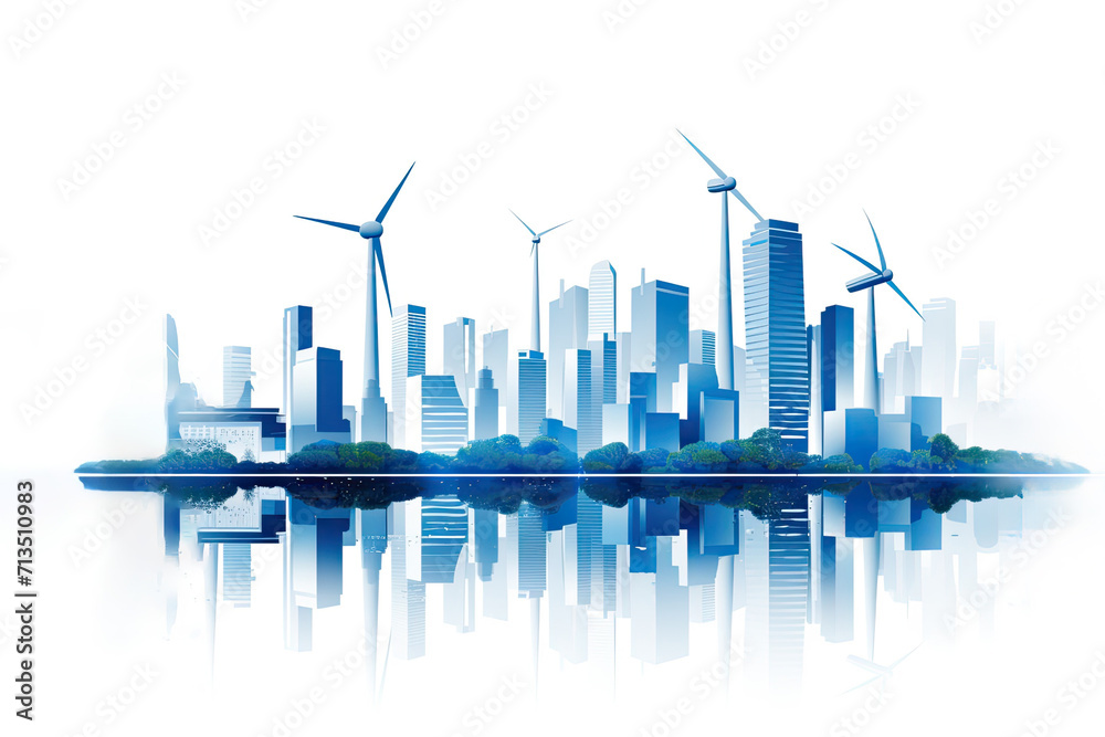Modern cityscape with futuristic wind turbines blending into the skyline. Renewable energy solutions in urban environments