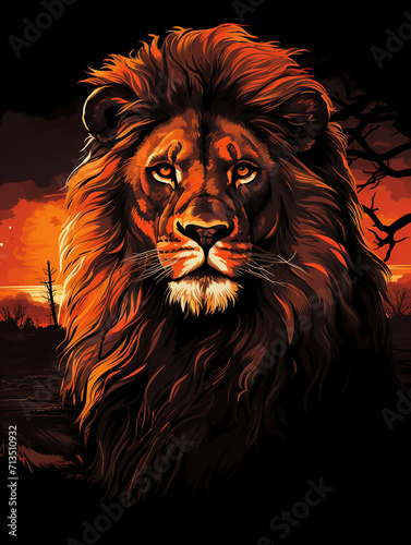 T-shirt design  powerful lion portrait  regal and intense  African savanna background  sunset colors  deep oranges and blacks created with Generative Ai