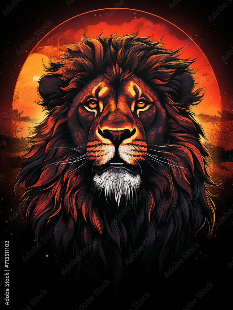 T-shirt design, powerful lion portrait, regal and intense, African savanna background, sunset colors, deep oranges and blacks created with Generative Ai
