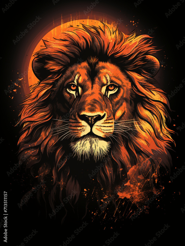 T-shirt design, powerful lion portrait, regal and intense, African savanna background, sunset colors, deep oranges and blacks created with Generative Ai T-shirt design, powerful lion portrait, regal and intense, African savanna background, sunset colors, deep oranges and blacks created with Generative Ai
