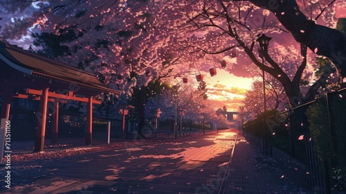 dusk over a park full of sakura flowers, manga style generative ai photo