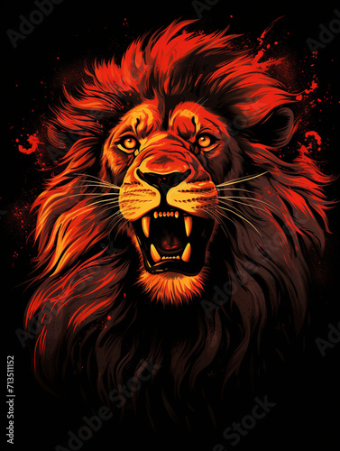 T-shirt design  powerful lion portrait  regal and intense  African savanna background  sunset colors  deep oranges and blacks created with Generative Ai