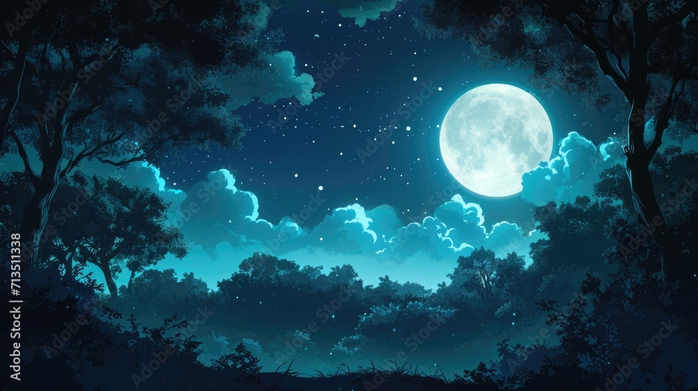 moonlit night with a forest silhouette in the background, manga style generative ai moonlit night with a forest silhouette in the background, manga style generative ai