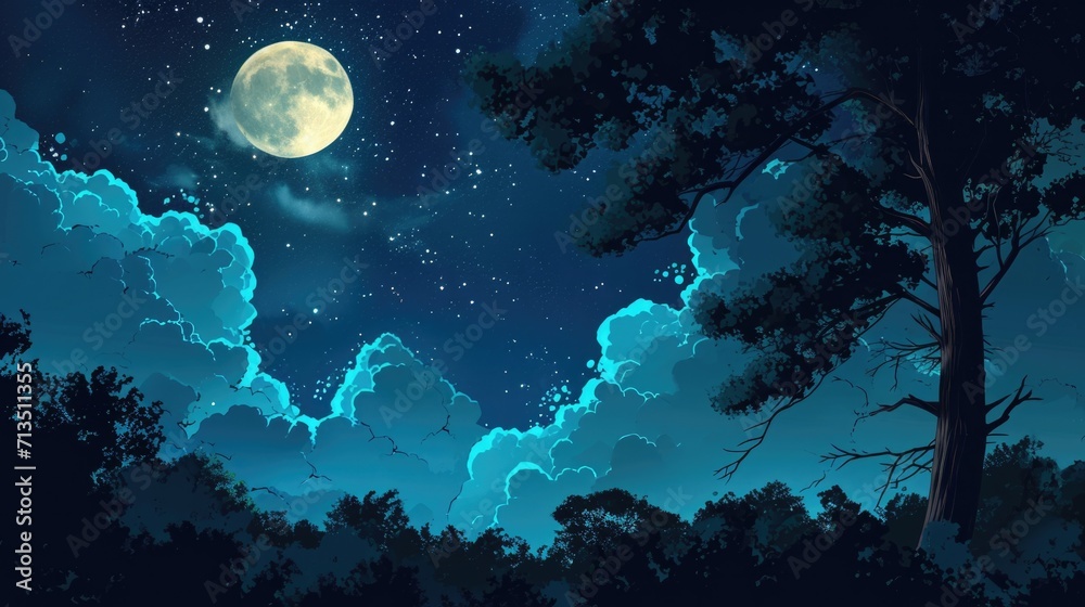 moonlit night with a forest silhouette in the background, manga style generative ai moonlit night with a forest silhouette in the background, manga style generative ai