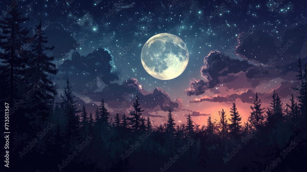 moonlit night with a forest silhouette in the background, manga style generative ai moonlit night with a forest silhouette in the background, manga style generative ai