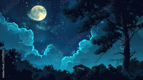 moonlit night with a forest silhouette in the background  manga style generative ai