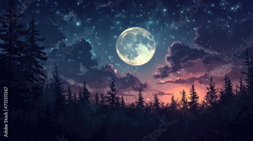 moonlit night with a forest silhouette in the background, manga style generative ai © ThisDesign