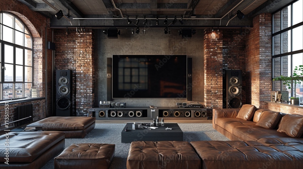 An industrial-style TV room with exposed brick walls and leather furnishings