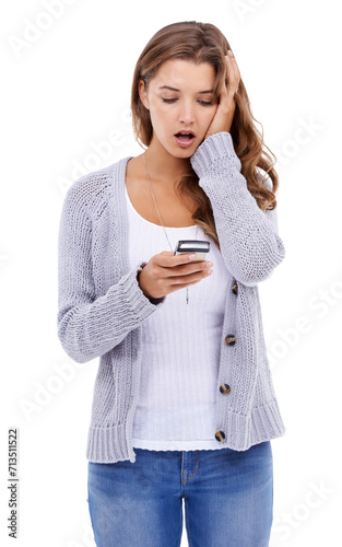 Confused, stress and woman with phone in studio for social media, notification or hacker on white background. Smartphone, anxiety and female model with app alert for cybersecurity fail, 404 or glitch