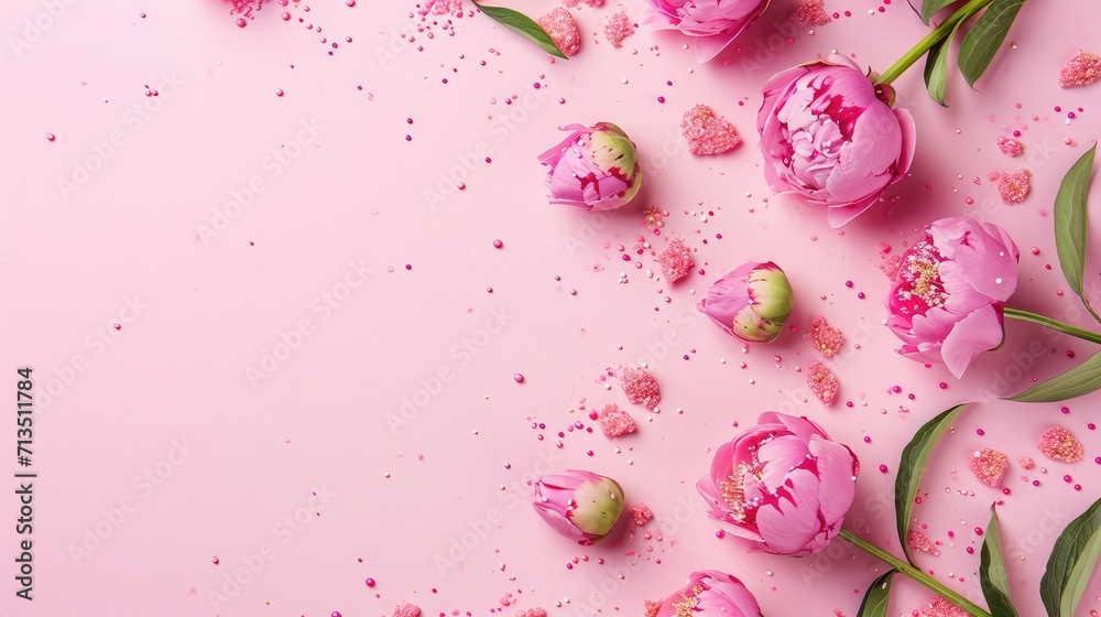Women's Day concept. Top view photo of pink peony rose buds and sprinkles on isolated pastel pink background with copyspace Women's Day concept. Top view photo of pink peony rose buds and sprinkles on isolated pastel pink background with copyspace