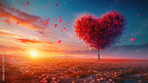 Tree of love in spring. Red heart shaped tree at sunset. Beautiful landscape with flowers.Love background with copy space.Valentine day card