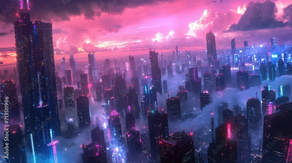 Night sky over a futuristic city, manga style. generative ai
