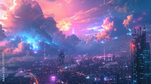 Night sky over a futuristic city, manga style. generative ai photo