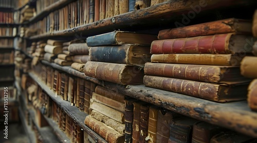 Evoke nostalgia and intellectual curiosity with our stock photo featuring a library wall filled with old ancient books and historical manuscripts. Wide format  hand-edited by generative AI.