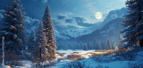 Witness the enchanting allure of a 3D Christmas snowy scene, with a landscape covered in snow, elegant fir trees standing tall, and the moon casting its soft light on the peaceful winter night.