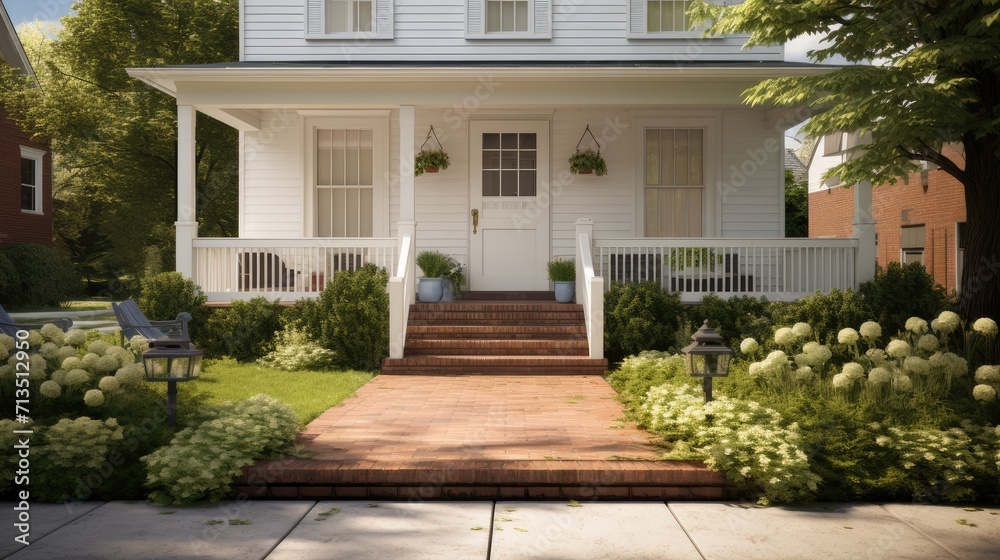 Classic white clapboard house with the red brick sidewalk.