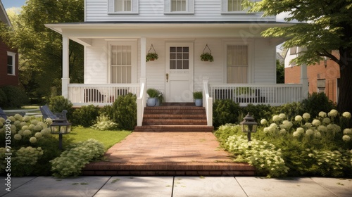 Classic white clapboard house with the red brick sidewalk. © lililia