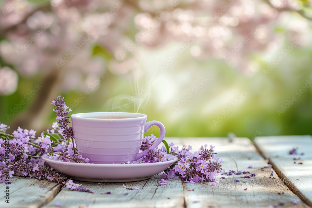 Lavender cup of tea with cherry blossom flowers in the background. Generative AI Lavender cup of tea with cherry blossom flowers in the background. Generative AI