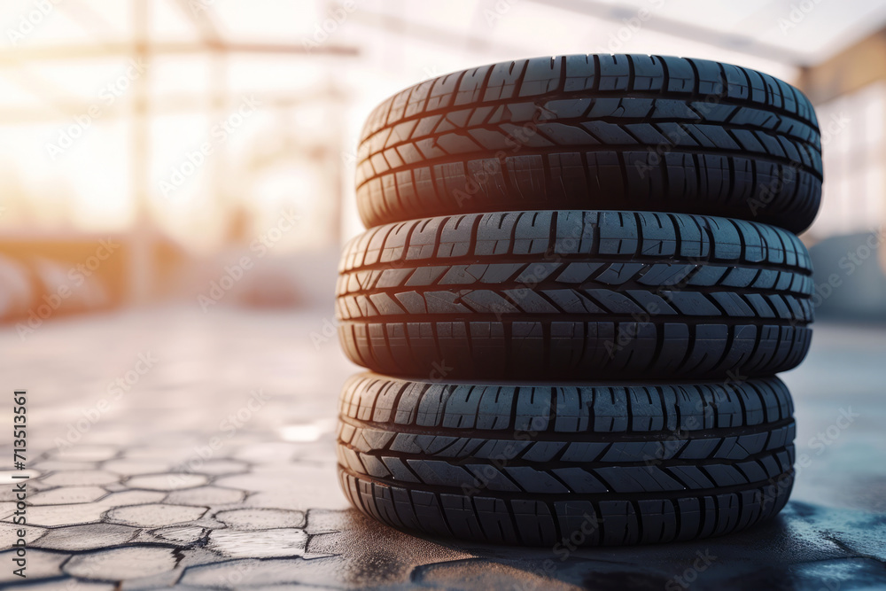 Stack of car tires set with a great profile. Generative AI Stack of car tires set with a great profile. Generative AI