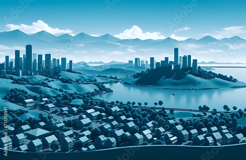 awesome sky cyan and blue mix far view city with sea side beach illustratoin generated by ai
