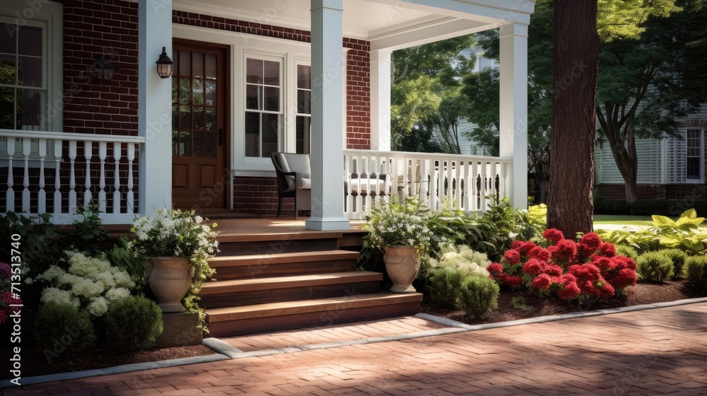 Classic white clapboard house with the red brick sidewalk.