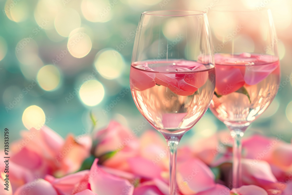 Two glasses of vine with pink rose petals on bokeh background. Generative AI Two glasses of vine with pink rose petals on bokeh background. Generative AI