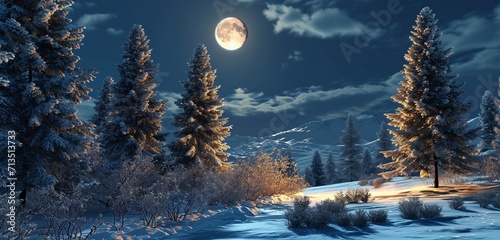 Witness the enchanting allure of a 3D Christmas snowy scene, with a landscape covered in snow, elegant fir trees standing tall, and the moon casting its soft light on the peaceful winter night. © Bryam