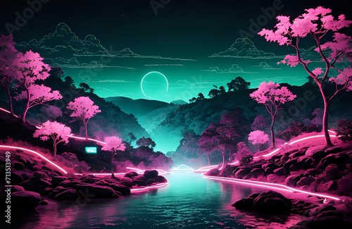 unrealistic mountain scene colorful unreal realm fantasy world illustration generated by ai neon city concept